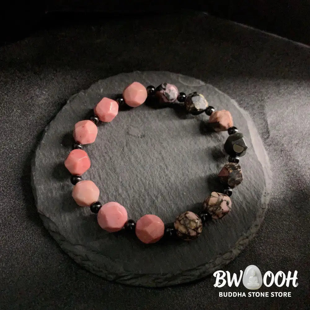 Buddha Stones Natural Rhodonite Black Line Red Spot Stone Polygon Beads Healing Bracelet - BWOOOH - Rhodonite(Wrist