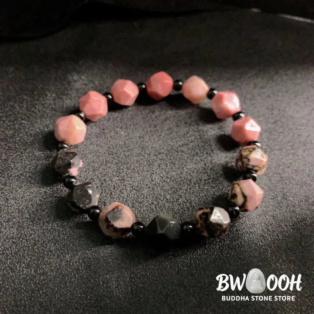 Buddha Stones Natural Rhodonite Black Line Red Spot Stone Polygon Beads Healing Bracelet - BWOOOH - Rhodonite(Wrist