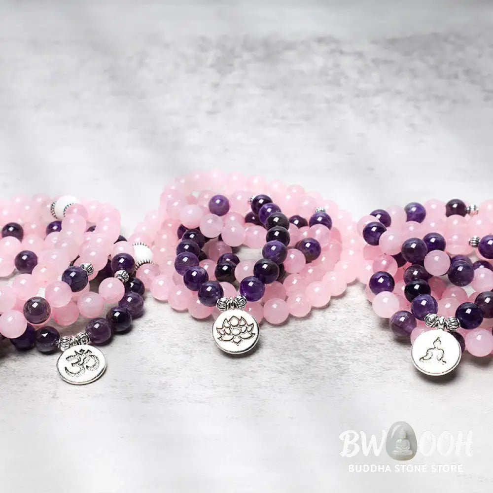 BWOOOH Natural Rose Quartz &amp; Amethyst 108 Mala Bead Bracelet with elegant Lotus Pendant, handcrafted for meditation, emotional balance, and spiritual practice. - View 7