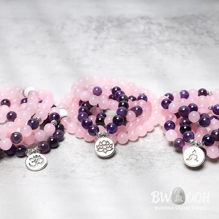 BWOOOH Natural Rose Quartz &amp; Amethyst 108 Mala Bead Bracelet with elegant Lotus Pendant, handcrafted for meditation, emotional balance, and spiritual practice. - View 7