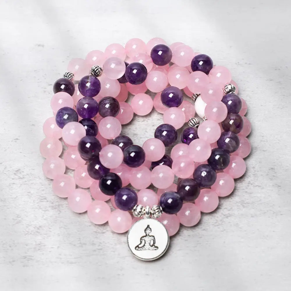 BWOOOH Natural Rose Quartz &amp; Amethyst 108 Mala Bead Bracelet with elegant Lotus Pendant, handcrafted for meditation, emotional balance, and spiritual practice. - View 6