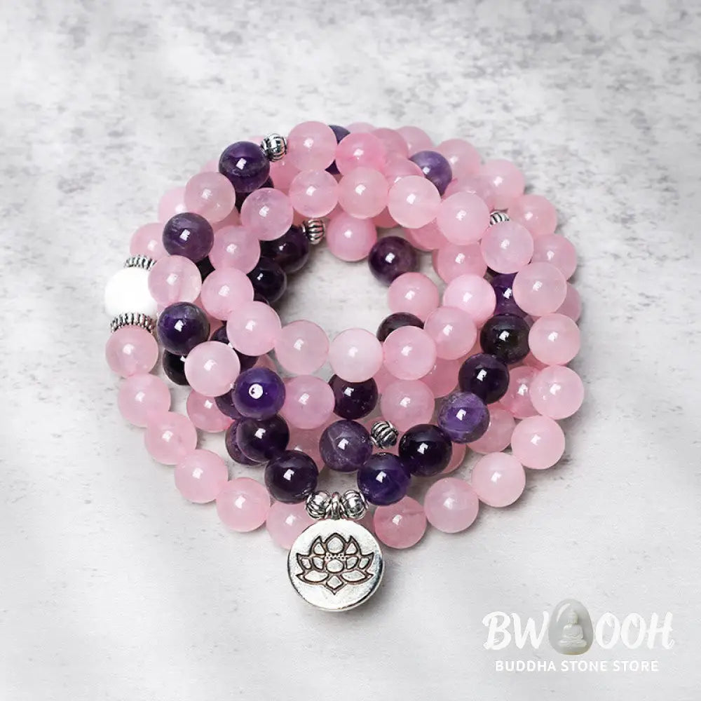 BWOOOH Natural Rose Quartz &amp; Amethyst 108 Mala Bead Bracelet with elegant Lotus Pendant, handcrafted for meditation, emotional balance, and spiritual practice. - View 2