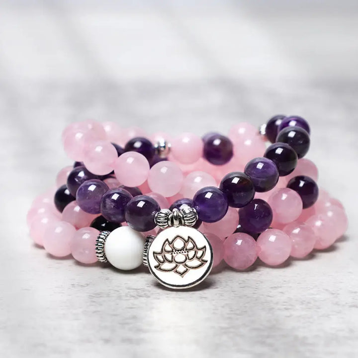 BWOOOH Natural Rose Quartz &amp; Amethyst 108 Mala Bead Bracelet with elegant Lotus Pendant, handcrafted for meditation, emotional balance, and spiritual practice.