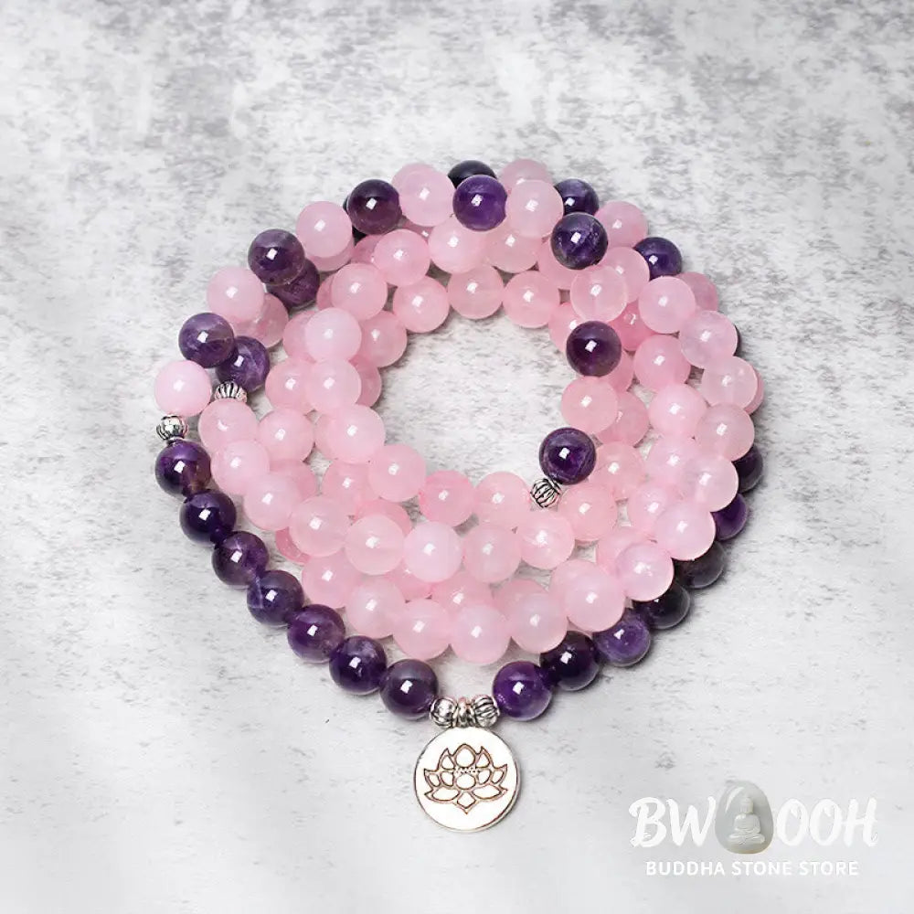 BWOOOH Natural Rose Quartz &amp; Amethyst 108 Mala Bead Bracelet with elegant Lotus Pendant, handcrafted for meditation, emotional balance, and spiritual practice. - View 3