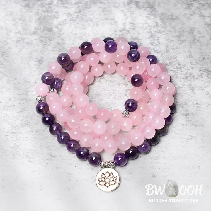 BWOOOH Natural Rose Quartz &amp; Amethyst 108 Mala Bead Bracelet with elegant Lotus Pendant, handcrafted for meditation, emotional balance, and spiritual practice. - View 3