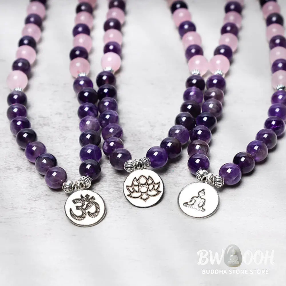 BWOOOH Natural Rose Quartz &amp; Amethyst 108 Mala Bead Bracelet with elegant Lotus Pendant, handcrafted for meditation, emotional balance, and spiritual practice. - View 4