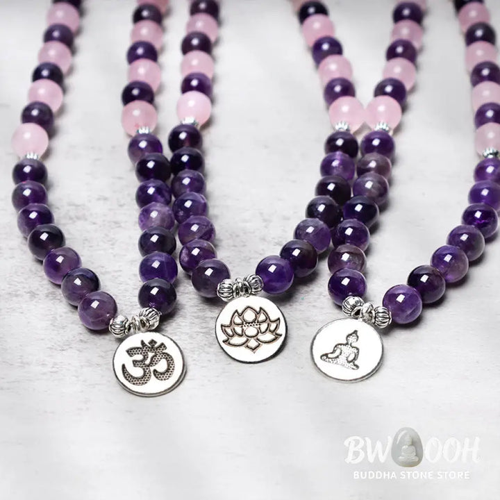 BWOOOH Natural Rose Quartz &amp; Amethyst 108 Mala Bead Bracelet with elegant Lotus Pendant, handcrafted for meditation, emotional balance, and spiritual practice. - View 4