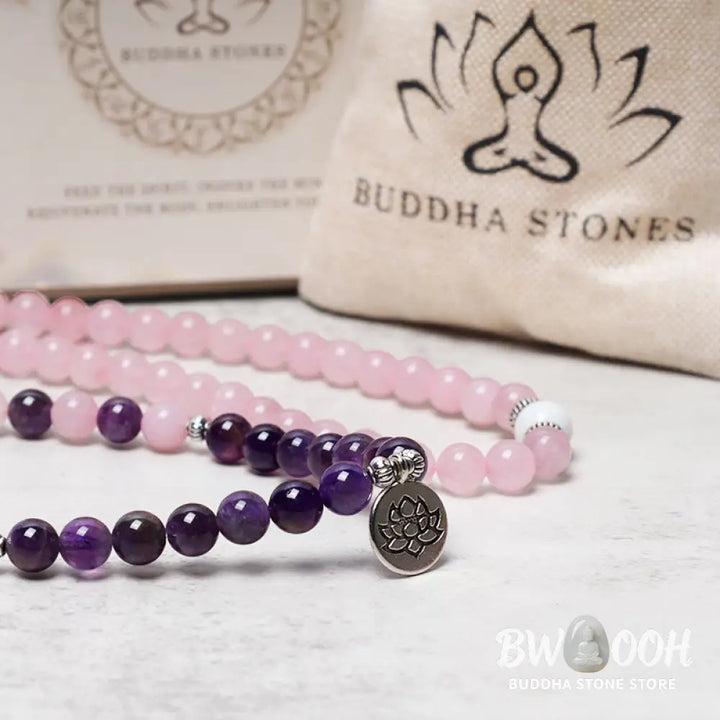 BWOOOH Natural Rose Quartz &amp; Amethyst 108 Mala Bead Bracelet with elegant Lotus Pendant, handcrafted for meditation, emotional balance, and spiritual practice. - View 8