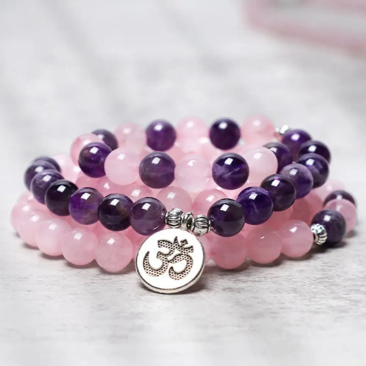 BWOOOH Natural Rose Quartz &amp; Amethyst 108 Mala Bead Bracelet with elegant Lotus Pendant, handcrafted for meditation, emotional balance, and spiritual practice. - View 5