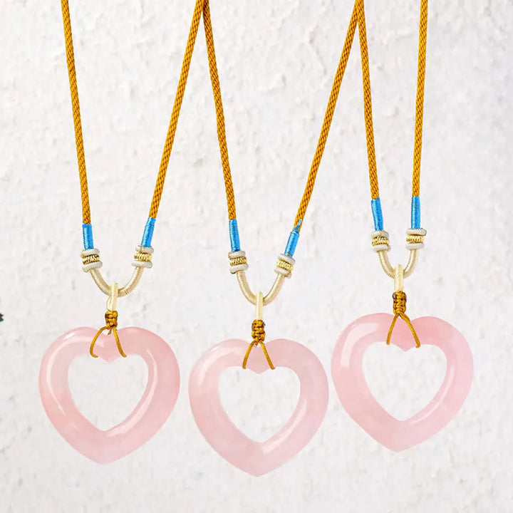 Buddha Stones Natural Rose Quartz Hollow Love Heart Caring Necklace Pendant - BWOOOH - Natural Rose Quartz(Color Shape