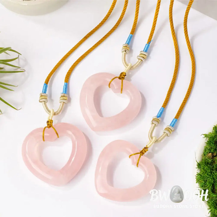 Buddha Stones Natural Rose Quartz Hollow Love Heart Caring Necklace Pendant - BWOOOH - Natural Rose Quartz(Color Shape