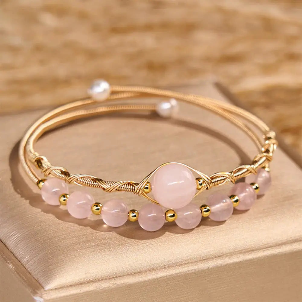 Buddha Stones Natural Rose Quartz Love Healing Metal Cuff Bracelet Bangle - Rose Quartz(Wrist Circumference 14-16 cm)