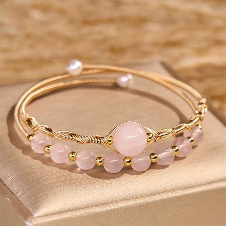 Buddha Stones Natural Rose Quartz Love Healing Metal Cuff Bracelet Bangle - Rose Quartz(Wrist Circumference 14-16 cm)