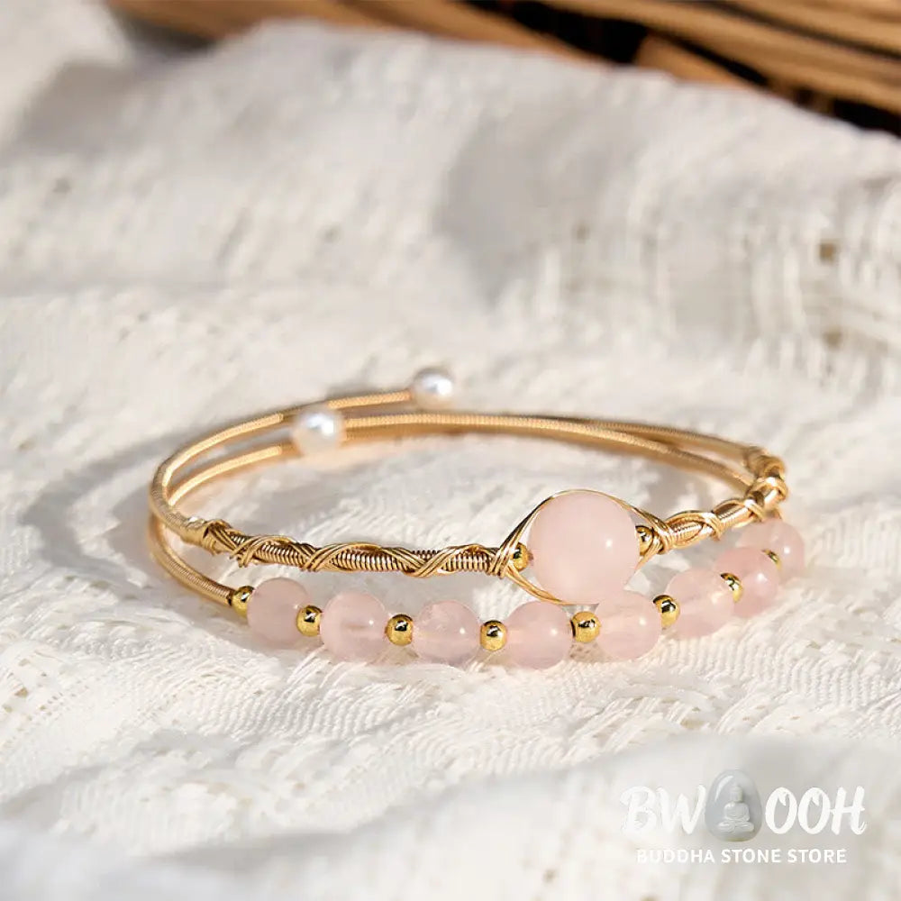 Buddha Stones Natural Rose Quartz Love Healing Metal Cuff Bracelet Bangle - Rose Quartz(Wrist Circumference 14-16 cm)