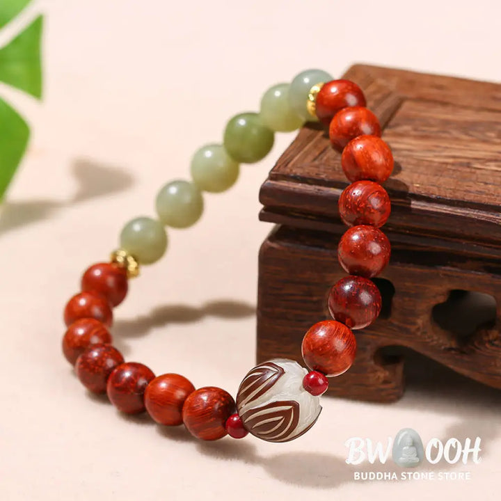 Buddha Stones Natural Rosewood Cyan Jade Bodhi Seed Lotus Warmth Calm Bracelet - BWOOOH - Rosewood Cyan Jade(Wrist
