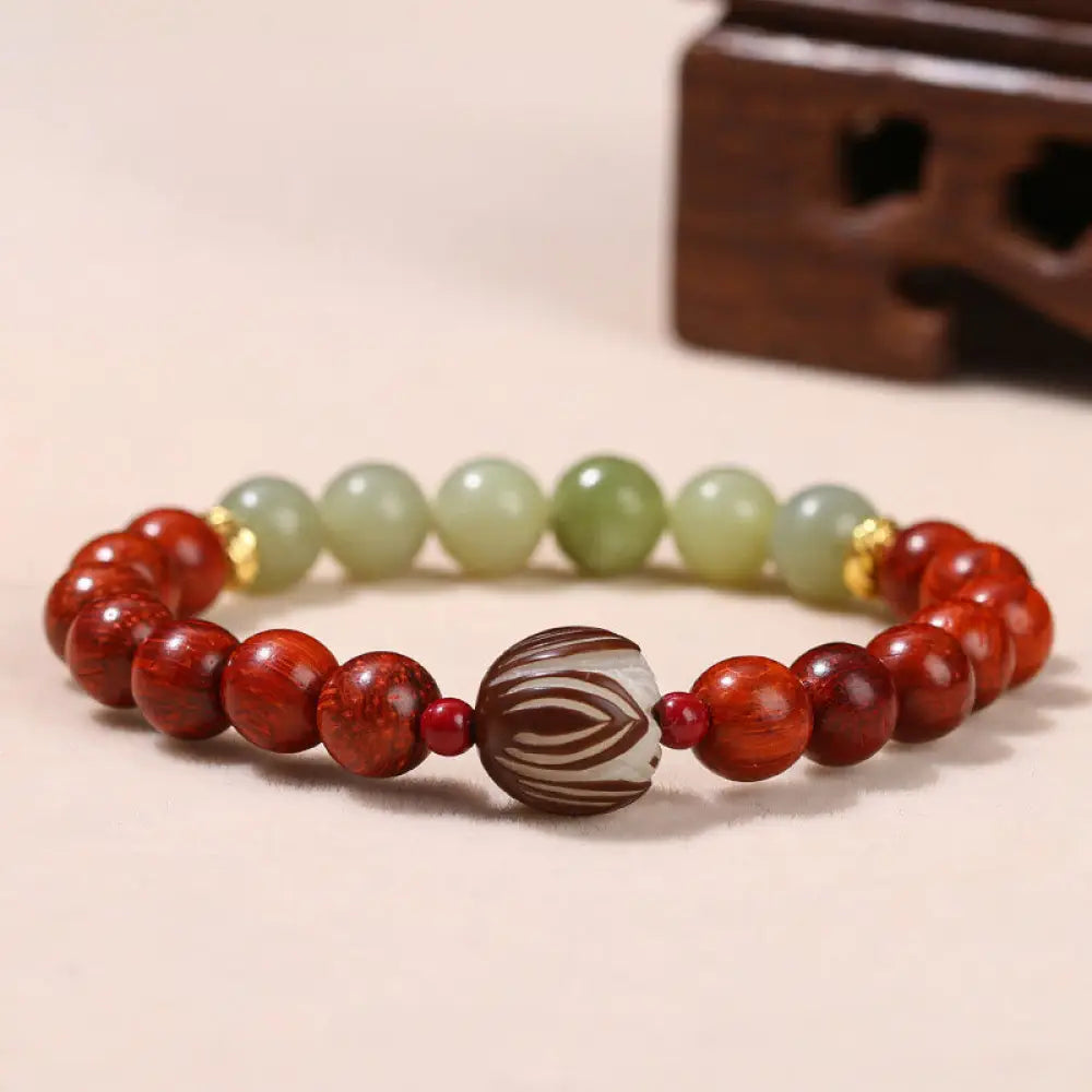 BWOOOH Natural Rosewood Cyan Jade Bodhi Seed Lotus Warmth Calm Bracelet - BWOOOH - Rosewood Cyan Jade(Wrist