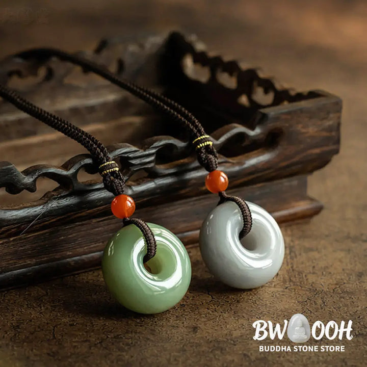 Buddha Stones Natural Round Jade Gray Jade Peace Buckle Luck Necklace Pendant - BWOOOH - Necklaces &amp; Pendants