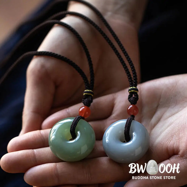 Buddha Stones Natural Round Jade Gray Jade Peace Buckle Luck Necklace Pendant - BWOOOH - Necklaces &amp; Pendants