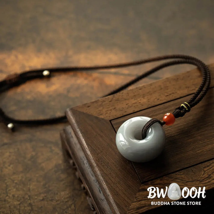 Buddha Stones Natural Round Jade Gray Jade Peace Buckle Luck Necklace Pendant - BWOOOH - Necklaces &amp; Pendants