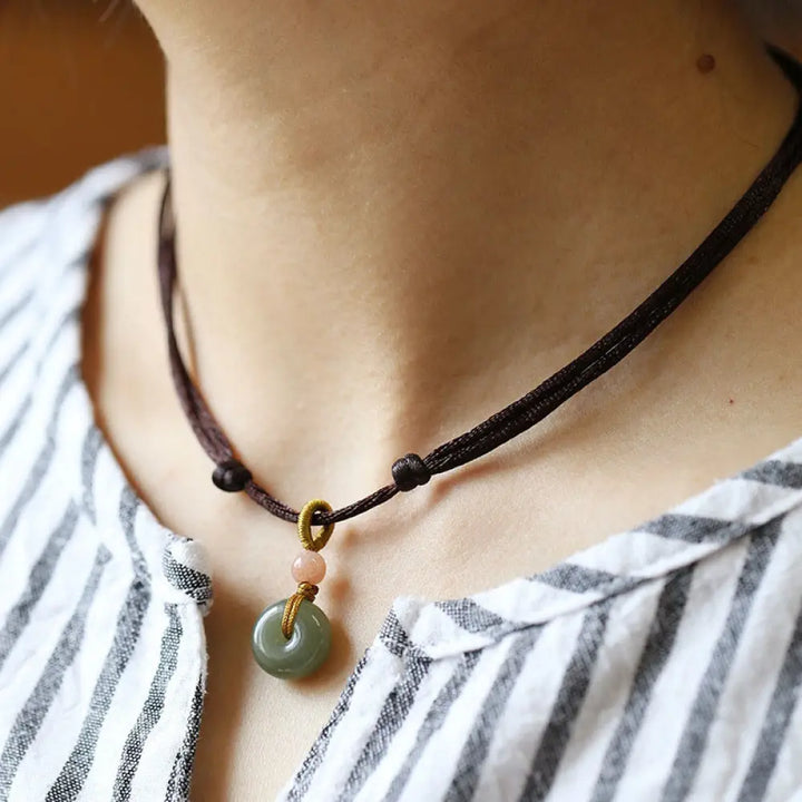 Buddha Stones Natural Round Jade Peace Buckle Lotus Abundance String Necklace Pendant - BWOOOH - Brown / Peace Buckle