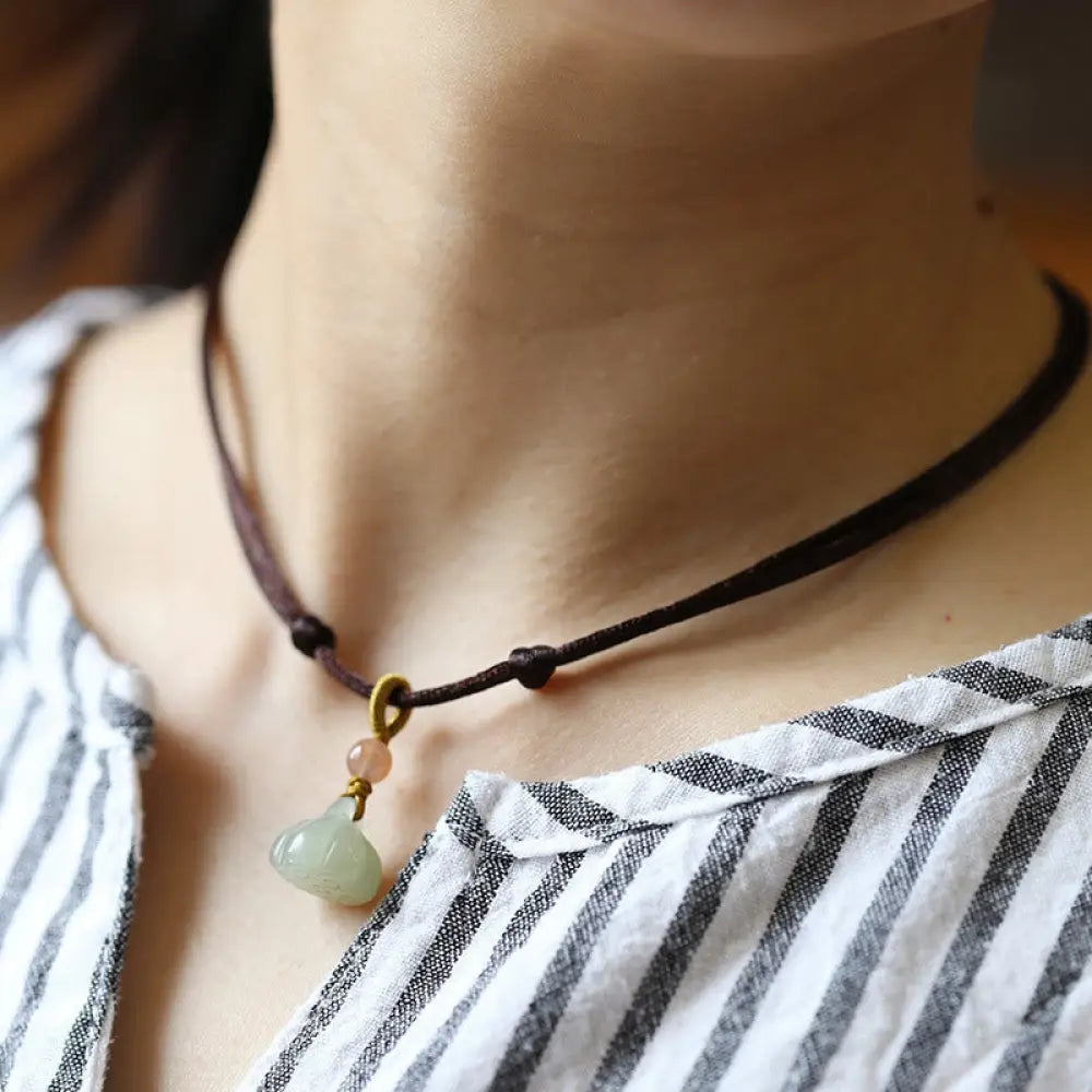 Buddha Stones Natural Round Jade Peace Buckle Lotus Abundance String Necklace Pendant - BWOOOH - Brown / Lotus