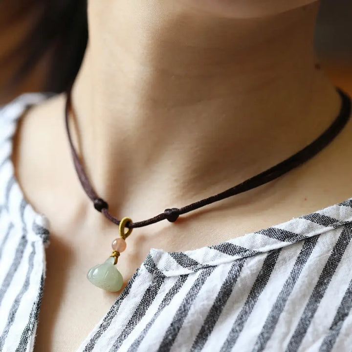 Buddha Stones Natural Round Jade Peace Buckle Lotus Abundance String Necklace Pendant - BWOOOH - Brown / Lotus