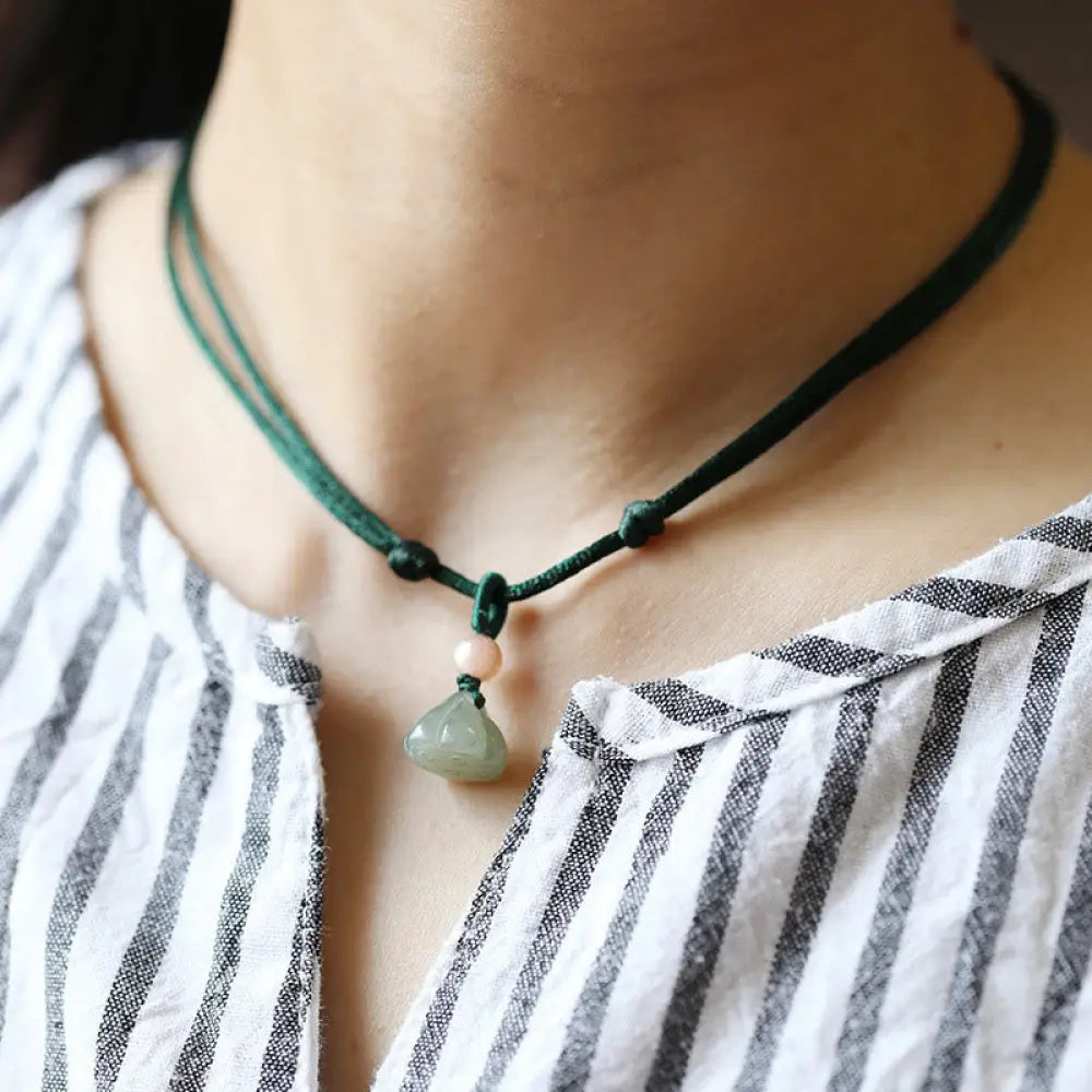 Buddha Stones Natural Round Jade Peace Buckle Lotus Abundance String Necklace Pendant - BWOOOH - Green / Lotus