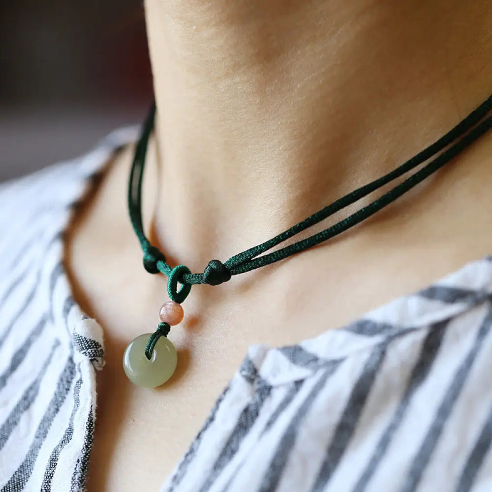 Buddha Stones Natural Round Jade Peace Buckle Lotus Abundance String Necklace Pendant - BWOOOH - Green / Peace Buckle