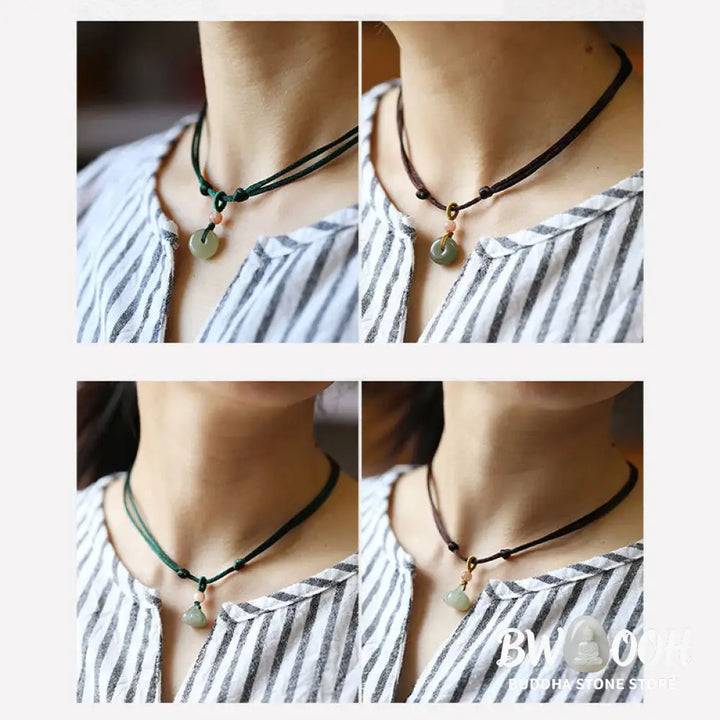 Buddha Stones Natural Round Jade Peace Buckle Lotus Abundance String Necklace Pendant - BWOOOH - Necklaces &amp; Pendants
