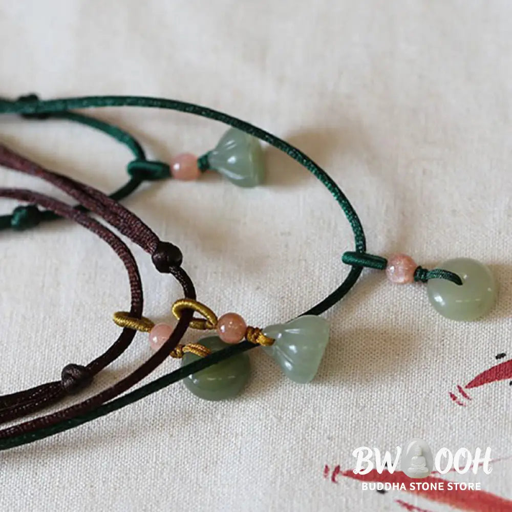 Buddha Stones Natural Round Jade Peace Buckle Lotus Abundance String Necklace Pendant - BWOOOH - Necklaces &amp; Pendants