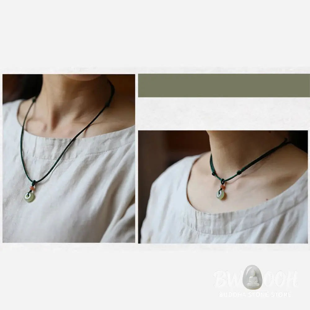 Buddha Stones Natural Round Jade Peace Buckle Lotus Abundance String Necklace Pendant - BWOOOH - Necklaces &amp; Pendants
