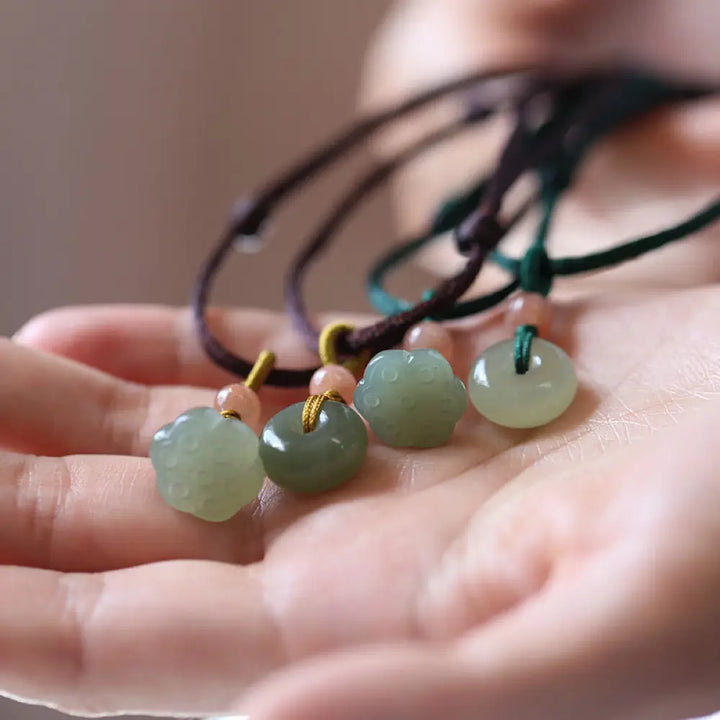 BWOOOH natural round jade peace buckle lotus abundance string necklace pendant 45-50cm adjustable
