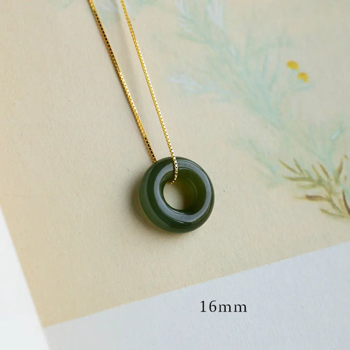 BWOOOH Natural Round Jade Peace Buckle Necklace featuring a polished green Jade disc, 40cm 925 sterling silver plated gold chain, symbolizing luck and abundance. - View 10