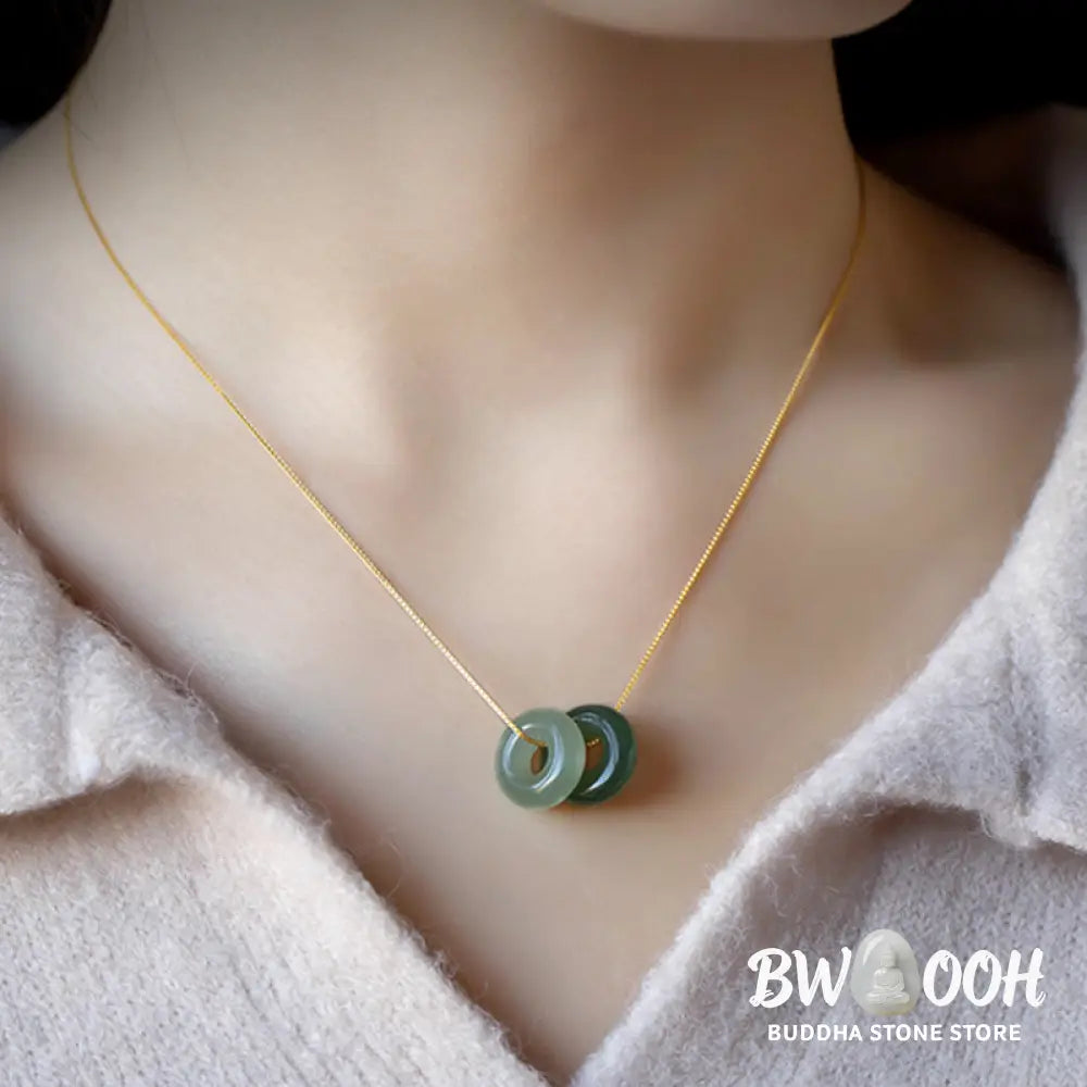 BWOOOH Natural Round Jade Peace Buckle Necklace featuring a polished green Jade disc, 40cm 925 sterling silver plated gold chain, symbolizing luck and abundance. - View 15