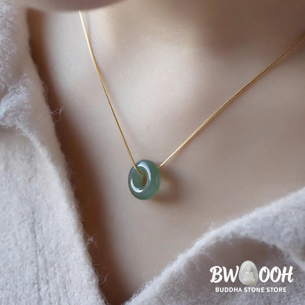 BWOOOH Natural Round Jade Peace Buckle Necklace featuring a polished green Jade disc, 40cm 925 sterling silver plated gold chain, symbolizing luck and abundance. - View 16