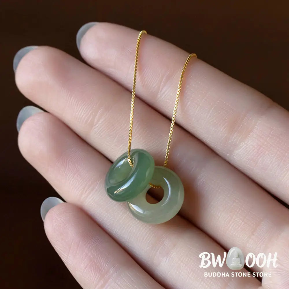BWOOOH Natural Round Jade Peace Buckle Necklace featuring a polished green Jade disc, 40cm 925 sterling silver plated gold chain, symbolizing luck and abundance. - View 17