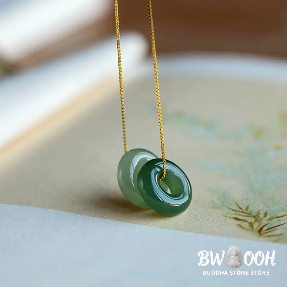 BWOOOH Natural Round Jade Peace Buckle Necklace featuring a polished green Jade disc, 40cm 925 sterling silver plated gold chain, symbolizing luck and abundance. - View 18