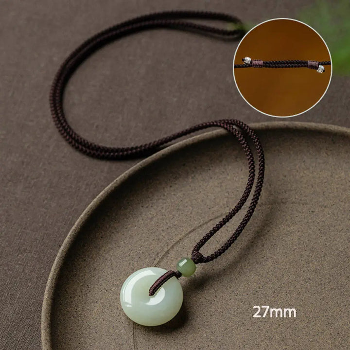 Buddha Stones Natural Round Jade Peace Buckle Luck Prosperity Necklace Pendant - BWOOOH - Adjustable String 72cm / 27mm