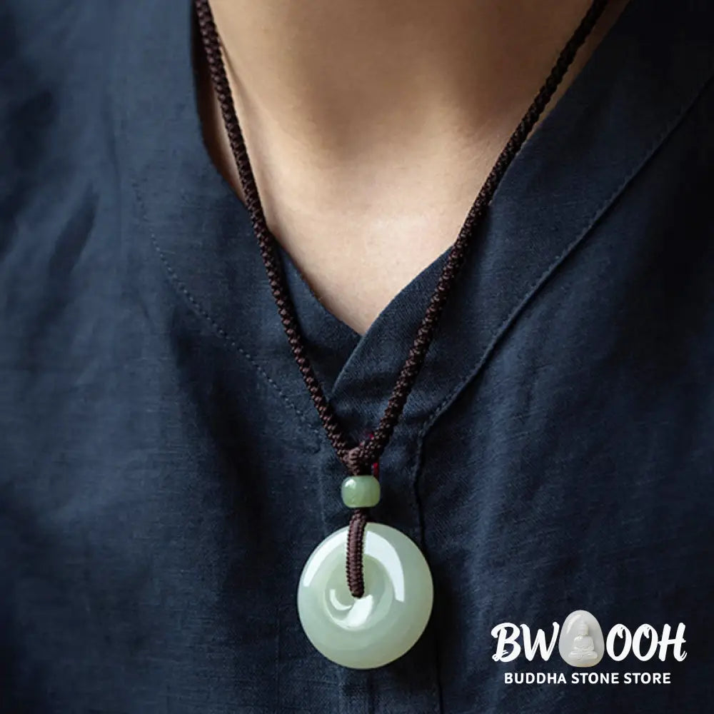 Buddha Stones Natural Round Jade Peace Buckle Luck Prosperity Necklace Pendant - BWOOOH - Necklaces &amp; Pendants