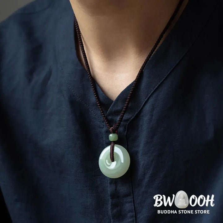 Buddha Stones Natural Round Jade Peace Buckle Luck Prosperity Necklace Pendant - BWOOOH - Necklaces &amp; Pendants