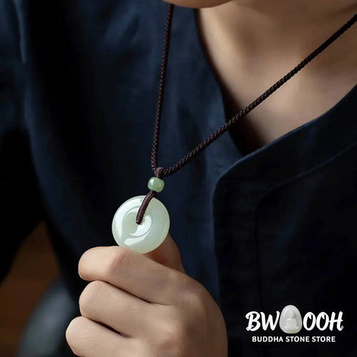 Buddha Stones Natural Round Jade Peace Buckle Luck Prosperity Necklace Pendant - BWOOOH - Necklaces &amp; Pendants