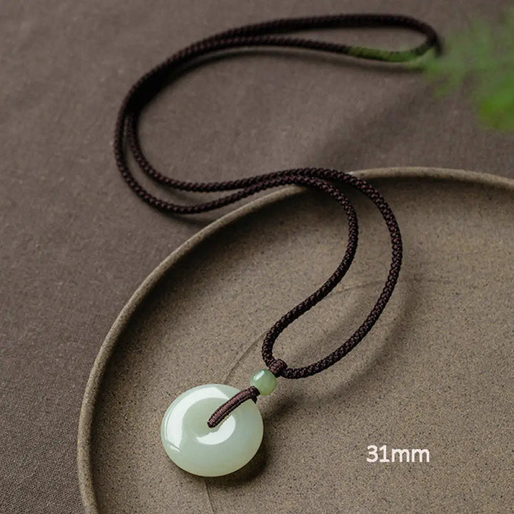 Buddha Stones Natural Round Jade Peace Buckle Luck Prosperity Necklace Pendant - BWOOOH - Non-Adjustable String 64cm