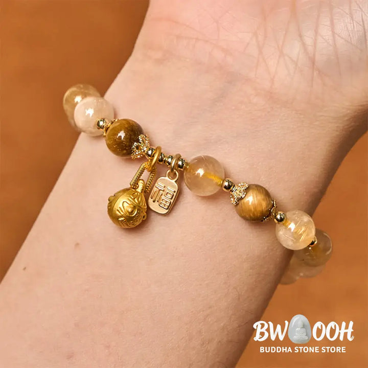Buddha Stones Natural Rutilated Quartz Fu Character Metal Swallowing Beast Auspiciousness Bracelet - BWOOOH - Rutilated
