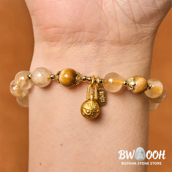 Buddha Stones Natural Rutilated Quartz Fu Character Metal Swallowing Beast Auspiciousness Bracelet - BWOOOH - Rutilated