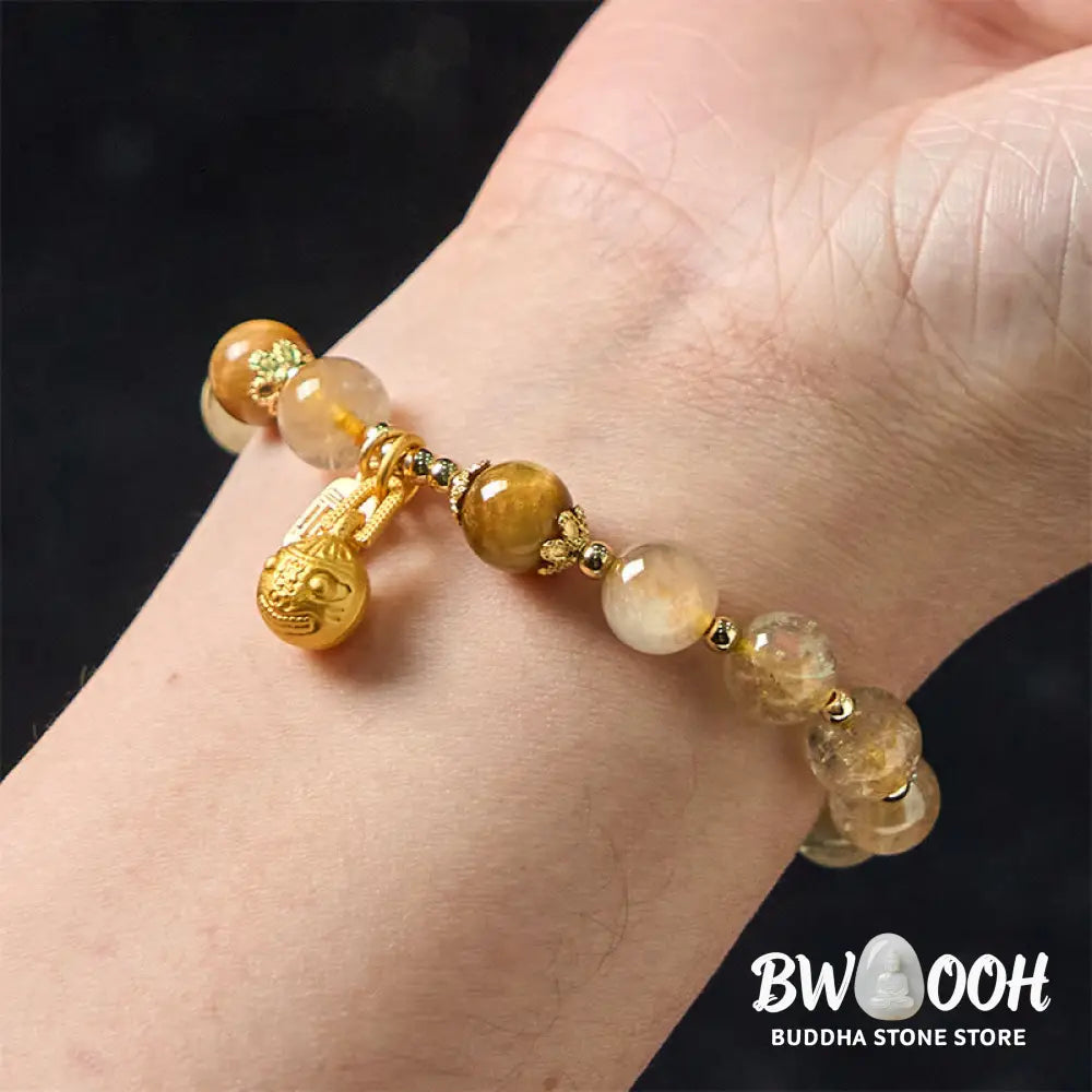 Buddha Stones Natural Rutilated Quartz Fu Character Metal Swallowing Beast Auspiciousness Bracelet - BWOOOH - Rutilated