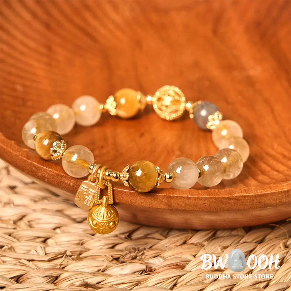 Buddha Stones Natural Rutilated Quartz Fu Character Metal Swallowing Beast Auspiciousness Bracelet - BWOOOH - Rutilated