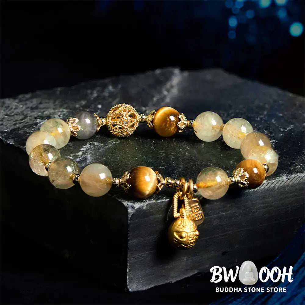 Buddha Stones Natural Rutilated Quartz Fu Character Metal Swallowing Beast Auspiciousness Bracelet - BWOOOH - Rutilated