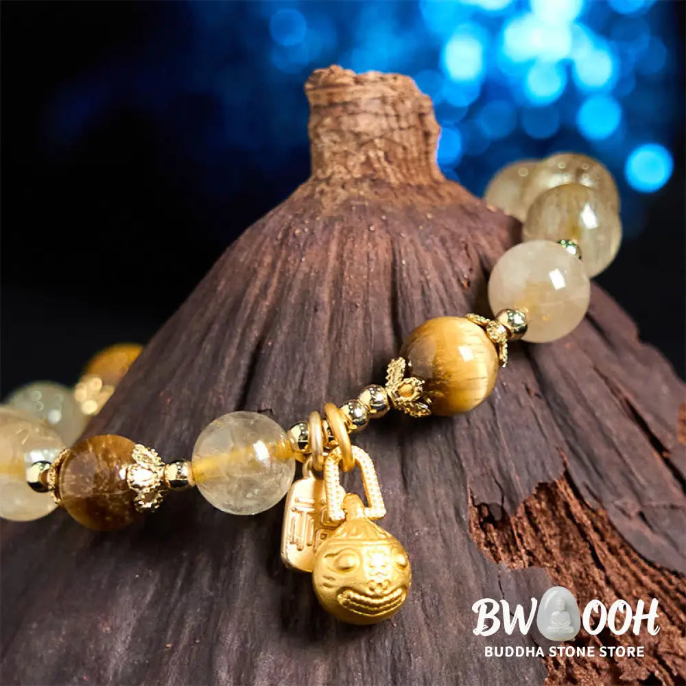 Buddha Stones Natural Rutilated Quartz Fu Character Metal Swallowing Beast Auspiciousness Bracelet - BWOOOH - Rutilated