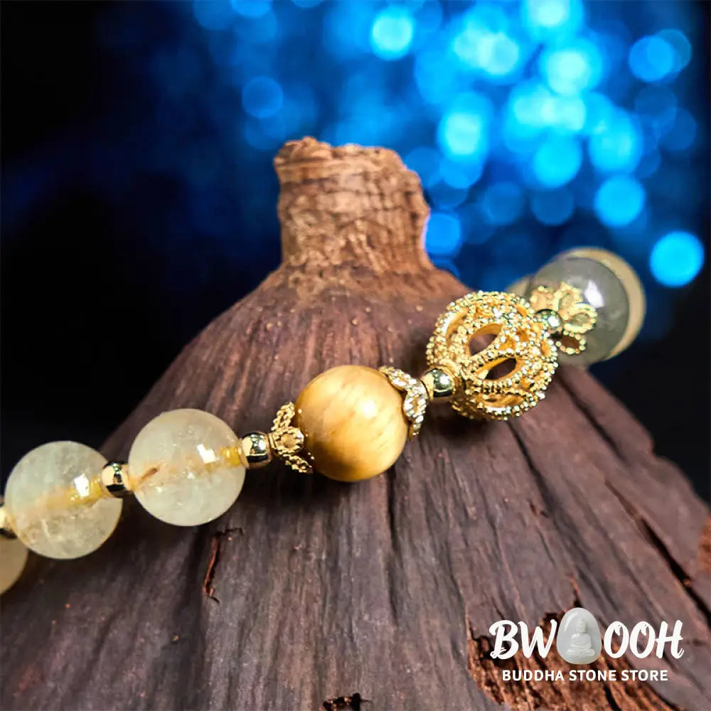 Buddha Stones Natural Rutilated Quartz Fu Character Metal Swallowing Beast Auspiciousness Bracelet - BWOOOH - Rutilated