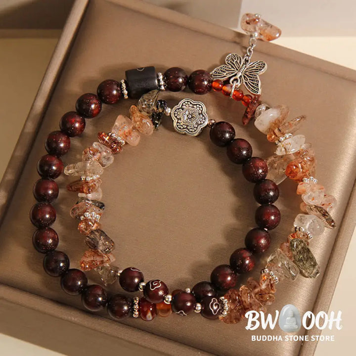Buddha Stones Natural Rutilated Quartz Small Leaf Red Sandalwood Wealth Butterfly Charm Bracelet - BWOOOH - 14-15cm
